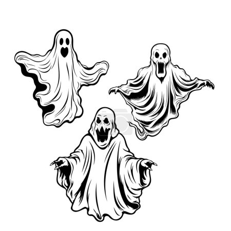 Set of ghosts cartoon sketch hand drawn Halloween illustration