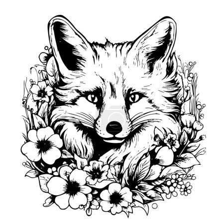 Téléchargez les illustrations : Visage renard en fleurs croquis dessiné à la main Vecteur Animaux sauvages - en licence libre de droit