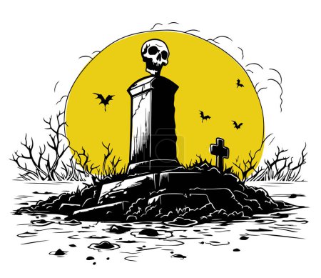 Illustration for Grave retro and skull sketch hand drawn Vector - Royalty Free Image