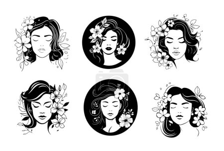 Illustration for Woman face set Beauty icons set silhouette hand drawn illustration - Royalty Free Image