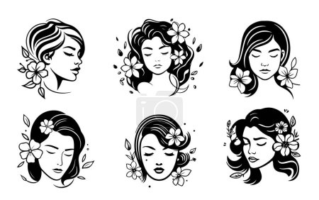Illustration for Woman face set Beauty icons set silhouette hand drawn vector - Royalty Free Image