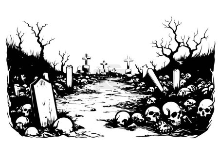 Illustration for Retro cemetery sketch hand drawn Vector Halloween Horror - Royalty Free Image