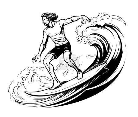 Surfer und große Welle. Gravurstil. Vektorillustration.Logo