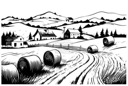 Rural scenery landscape panorama of countryside pastures. Haystacks on the field on small hills. Vector sketch illustration