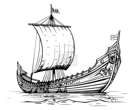 Illustration for Drakkar Viking ship. Medieval military boat with sails Vintage - Royalty Free Image