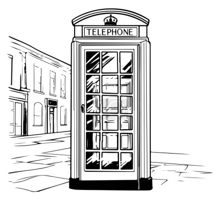 Teléfono público de Londres. Ilustración dibujada a mano aislada sobre fondo blanco