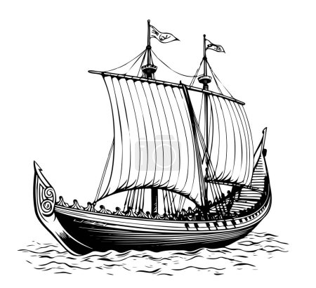 Illustration for Drakkar Viking ship. Medieval military boat with sails Vintage Vector illustration - Royalty Free Image