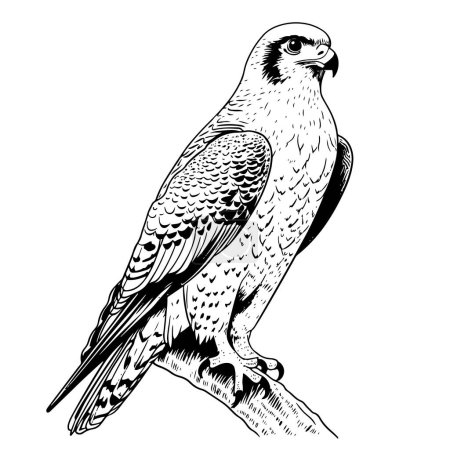 Téléchargez les illustrations : Dessin vectoriel d'un faucon assis sur fond blanc Oiseaux sauvages - en licence libre de droit