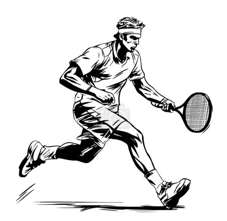 Männliche Tennisspieler Ikone Illustration. Paddle Sport Vector Graphic Symbol Clip Art. Sketch Black Sign junger Mann ist Tennisspieler springen zum Ball gut auf der Suche nach Pfosten und Plakat