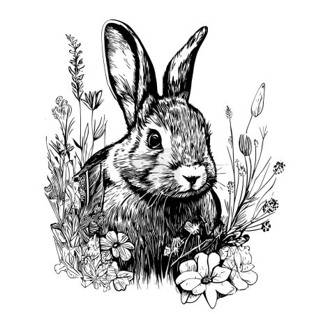 Ilustración de Conejos sentados en flores boceto dibujado a mano en estilo garabato ilustración - Imagen libre de derechos