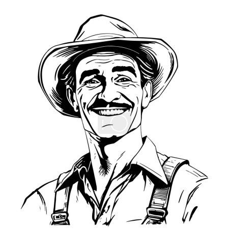Dibujo dibujado a mano feliz granjero. Agricultura, agricultura vintage vector ilustración