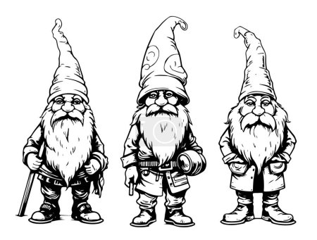 Gnome sketch. Cute garden gnomes scandinavian wizards, bearded gardener little dwarf fairies black vector illustration, coming nordic elf dwarves with beard and mustache