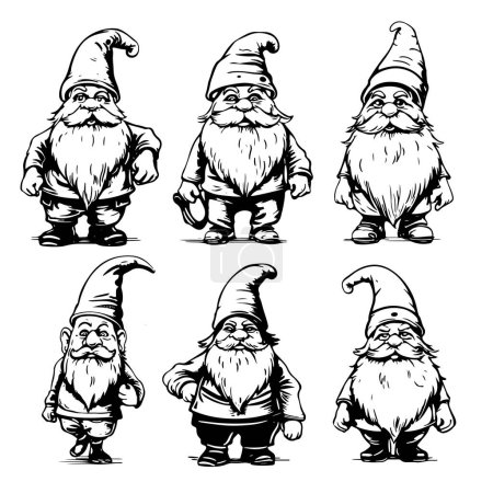 Ilustración de Gnome sketch. Cute garden gnomes scandinavian wizards, bearded gardener little dwarf fairies black vector illustration, coming nordic elf dwarves with beard and mustache - Imagen libre de derechos