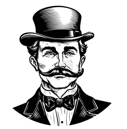 Ilustración de Retrato de caballero con bigote en el sombrero de copa ilustración de vectores de grabado. Diseño de estampado de ropa de camiseta. Scratch board imitación. Imagen dibujada a mano en blanco y negro. - Imagen libre de derechos