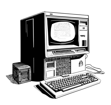 Illustration for Retro computer sketch hand drawn sketch, engraving style vector illustration - Royalty Free Image