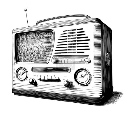 Illustration for Radio vector illustration. Hand drawn linear drawing of FM tuner painted by black inks. Sketch of old retro media equipment in outline style. Engraving of sound receiver for broadcast. Monochrome etch - Royalty Free Image