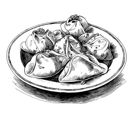 Hand drawn vector ink illustration. Ravioli pelmeni pierogi vareniki gyoza manti wonton dish. For restaurant menu, food shop and package, flyer, print.