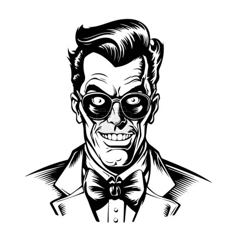 Umrisszeichnung eines Cartoon-Mannes mit Brille. Gekritzelte Konturzeichnung eines Cartoon-Mannes mit Brille und Emotionen im Gesicht. Doodle-Stil