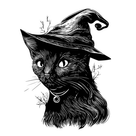 Illustration for Black cat with pointy witch hat line art and dot work. Wiccan familiar spirit, halloween or pagan witchcraft theme tapestry print design vector illustration - Royalty Free Image
