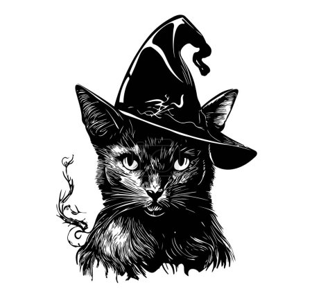 Illustration for Black cat with pointy witch hat line art and dot work. Wiccan familiar spirit, halloween or pagan witchcraft theme tapestry print design vector illustration - Royalty Free Image