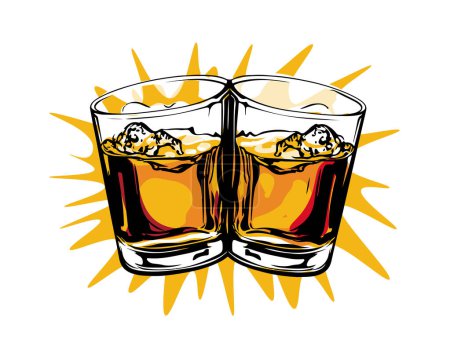 Cinking glasses together with whiskey .Hand drawn style. Alcoholic drinks design. Vector illustration