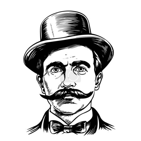 Ilustración de Portrait of an English gentleman with a mustache in a suit and top hat hand drawn sketch Illustration. - Imagen libre de derechos