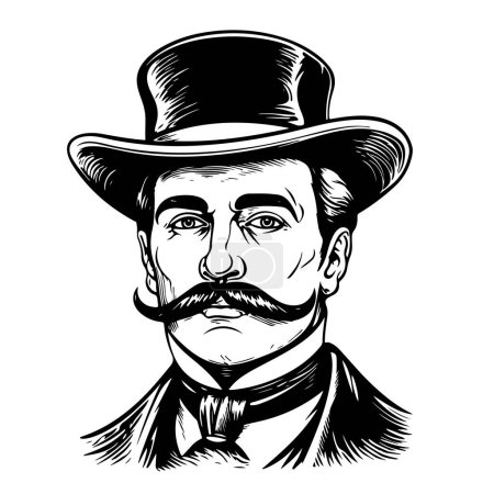 Ilustración de Portrait of an English gentleman with a mustache in a suit and top hat hand drawn sketch Illustration. - Imagen libre de derechos