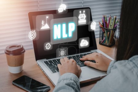 Photo for NLP natural language processing cognitive computing technology concept, Business person hand typing keyboard with VR screen NLP icon, AI Artificial intelligence. - Royalty Free Image
