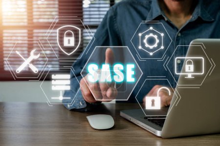 SASE, Secure Access Service Edge Konzept, Person Hand berührt Secure Access Service Edge Symbol auf virtuellem Bildschirm Hintergrund, Passwort, Netzwerk, Rahmen und Unterstützung.