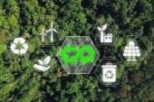 Circular economy concept, Aerial top view green forest with circular economy icon on vr screen, renovating and recycling existing materials and products as much possible. Stickers #633600186