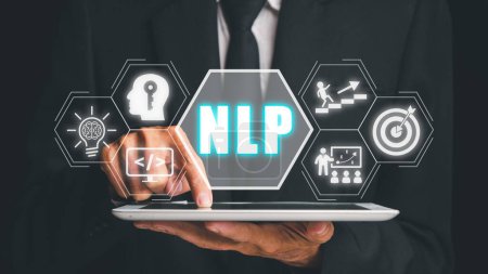Photo for NLP natural language processing cognitive computing technology concept, Business person using digital tablet with VR screen NLP icon, AI Artificial intelligence. - Royalty Free Image