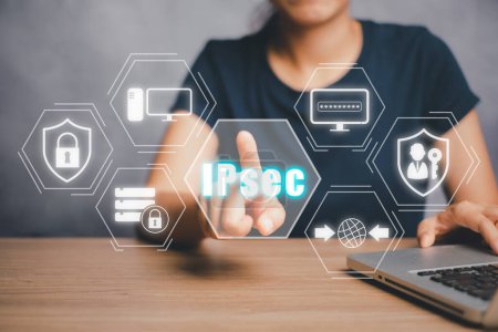 Photo for IPSec, Internet and Protection Network Vector concept, Person using laptop computer and hand touching IPsec icon on virtual screen. - Royalty Free Image