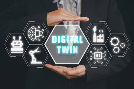 Téléchargez les photos : Digital twin business and industrial process modelling, Business woman hand holding digital twin icon on virtual screen, innovation and optimisation. - en image libre de droit