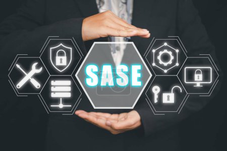 SASE, Secure Access Service Edge concept, Person hand holding Secure Access Service Edge icon on virtual screen background, password, network, framework and support.