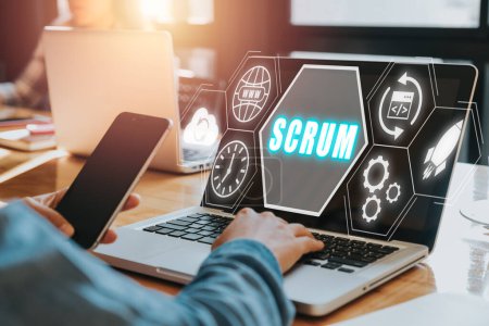 Photo for SCRUM, Woman hand using laptop computer with SCRUM icon on VR screen, Agile development methodology. - Royalty Free Image