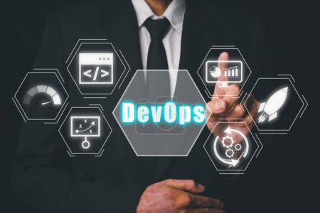 Photo for DevOps concept, Person hand touching DevOps icon on VR screen, Methodology development operations agil programming technology.concept. - Royalty Free Image