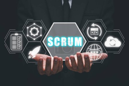 Photo for SCRUM, Businessman hand holding SCRUM icon on VR screen, Agile development methodology. - Royalty Free Image