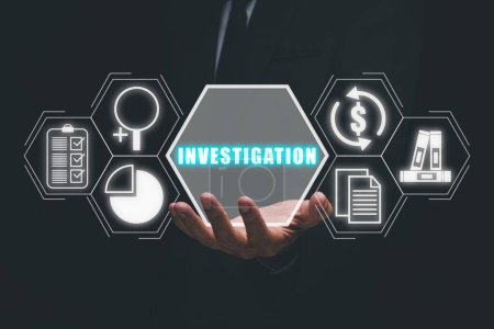 Photo for Investigation concept, Businessman hand holding investigation icon on virtual screen. - Royalty Free Image