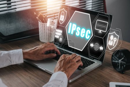 Photo for IPSec, Internet and Protection Network Vector concept, Person using laptop computer on desk with IPsec icon on virtual screen. - Royalty Free Image