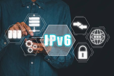 Photo for New IPv6 Internet Protocol larger address space for connected devices on network, Person using smartphone with IPv6 icon on virtual screen. - Royalty Free Image