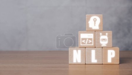 Photo for NLP natural language processing cognitive computing technology concept, Wooden block on desk with VR screen NLP icon, AI Artificial intelligence. - Royalty Free Image