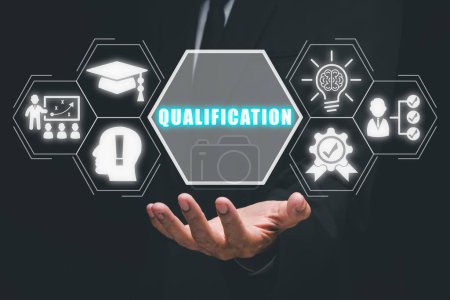 Photo for Qualification concept, Person hand holding qualification icon on virtual screen. - Royalty Free Image