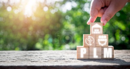 Photo for PLM, product lifecycle management concept, Hand holding wooden block with product lifecycle management icon on virtual screen, program development, Technology, Internet and network. - Royalty Free Image