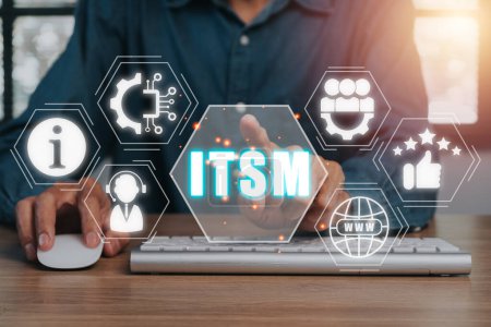 ITSM, information technology service management concept, Business person hand touching information technology service management icon on virtual .