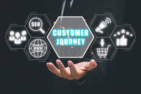 Photo for Customer journey concept, Person hand holding customer journey icon on virtual screen with blue bokeh background. - Royalty Free Image