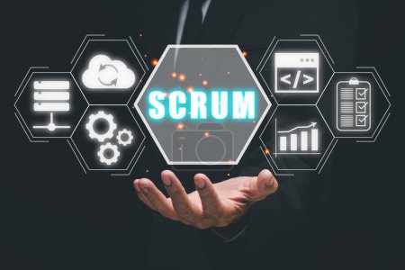 Photo for SCRUM concept, Business person hand holding SCRUM icon on VR screen, Agile development methodology. - Royalty Free Image