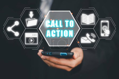 Aufruf zum Handlungskonzept, Berührung der Hand auf dem Smartphone mit Aufruf zum Handlungssymbol auf dem virtuellen Bildschirm.