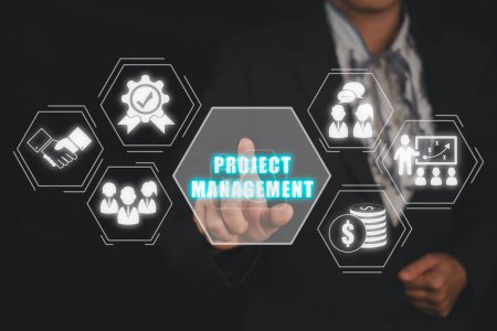 Photo for Project management concept, Businesswoman hand touching project management icon on virtual screen. - Royalty Free Image