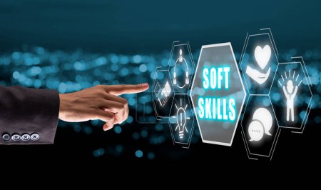 Soft skills training and improvement concept, Businessman hand holding VR screen Soft skills icon on blue bokeh background.