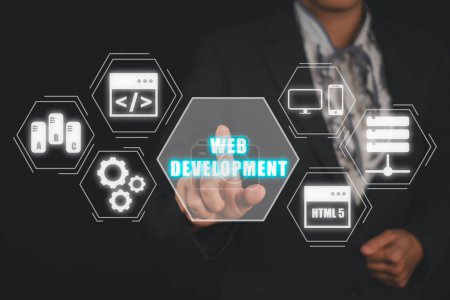 Photo for Web development coding programming internet technology business concept, Business woman hand touching web development icon on vr screen. - Royalty Free Image
